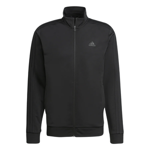 Black Adidas track jacket with the brand logo on the chest and signature three stripes along the sleeves.