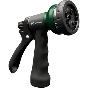 A garden hose spray nozzle with an ergonomic black handle, featuring multiple spray settings including full and cone modes.