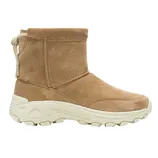 Tan suede ankle boot with a white rubber sole, featuring a back drawstring and embossed branding.