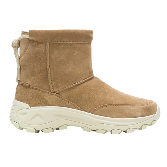 Tan suede ankle boot with a white rubber sole, featuring a back drawstring and embossed branding.