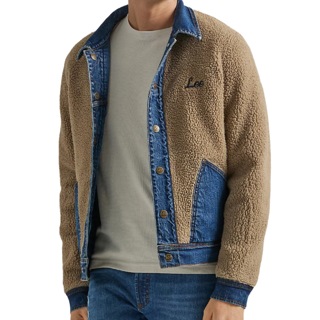 Sherpa jacket with denim trim, featuring a button-up front, two denim front pockets, and embroidered \“Lee\“ branding on the chest.