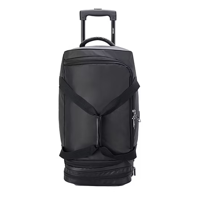 Black rolling carry-on duffel bag with a telescopic handle, side zippered pocket, and adjustable shoulder straps. Features a structured, sleek design with a spacious main compartment and additional bottom zipper section.