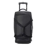 Black rolling carry-on duffel bag with a telescopic handle, side zippered pocket, and adjustable shoulder straps. Features a structured, sleek design with a spacious main compartment and additional bottom zipper section.