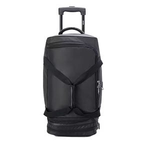 Black rolling carry-on duffel bag with a telescopic handle, side zippered pocket, and adjustable shoulder straps. Features a structured, sleek design with a spacious main compartment and additional bottom zipper section.