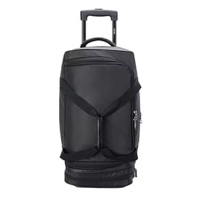 Black rolling carry-on duffel bag with a telescopic handle, side zippered pocket, and adjustable shoulder straps. Features a structured, sleek design with a spacious main compartment and additional bottom zipper section.