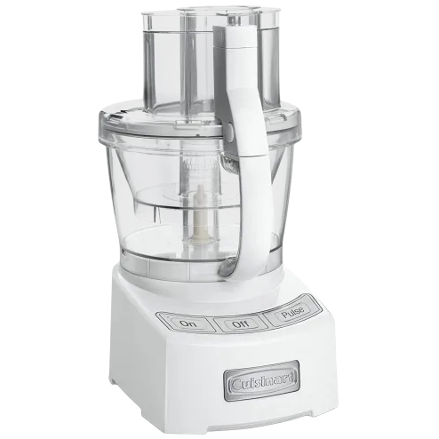 A white Cuisinart food processor with large and small pushers, featuring On, Off, and Pulse buttons.