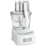 A white Cuisinart food processor with large and small pushers, featuring On, Off, and Pulse buttons.