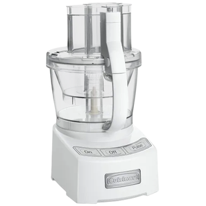 A white Cuisinart food processor with large and small pushers, featuring On, Off, and Pulse buttons.