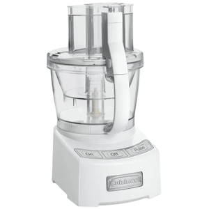 A white Cuisinart food processor with large and small pushers, featuring On, Off, and Pulse buttons.