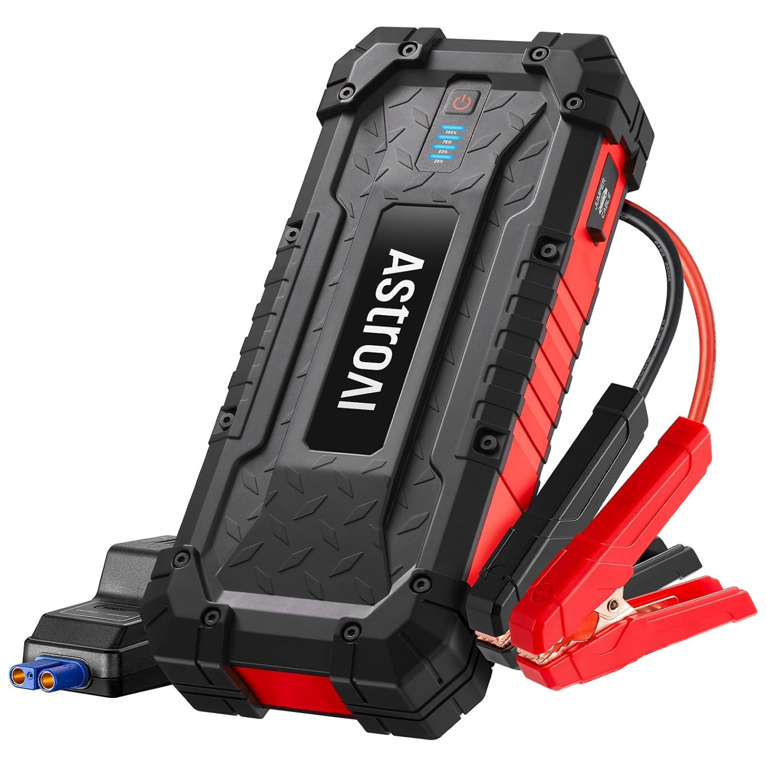 AstroAI S8 Ultra 4000A Jump Starter is a rugged, portable device for jump-starting vehicles, featuring a black and red design with attached clamps and a power indicator on top.