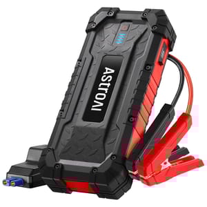 AstroAI S8 Ultra 4000A Jump Starter is a rugged, portable device for jump-starting vehicles, featuring a black and red design with attached clamps and a power indicator on top.