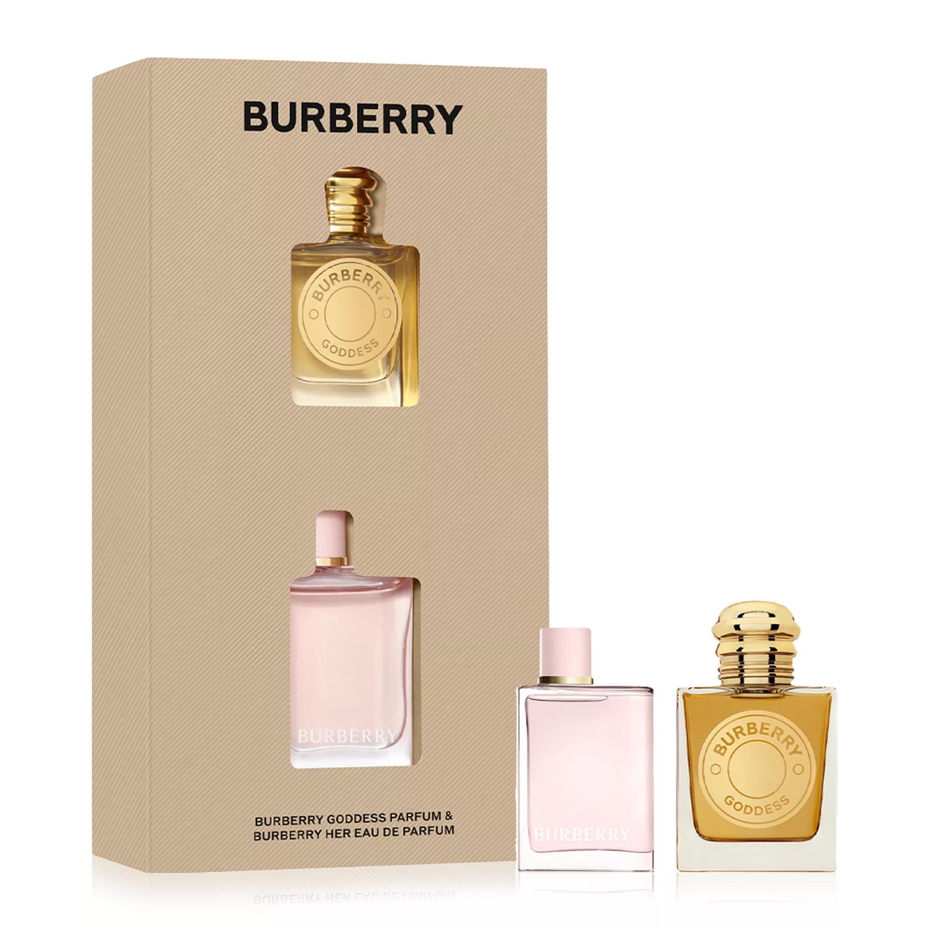 Burberry Goddess Parfum and Burberry Her Eau de Parfum gift set, featuring one golden and one pink bottle, displayed in a beige box with the Burberry logo.