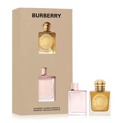 Burberry Goddess Parfum and Burberry Her Eau de Parfum gift set, featuring one golden and one pink bottle, displayed in a beige box with the Burberry logo.