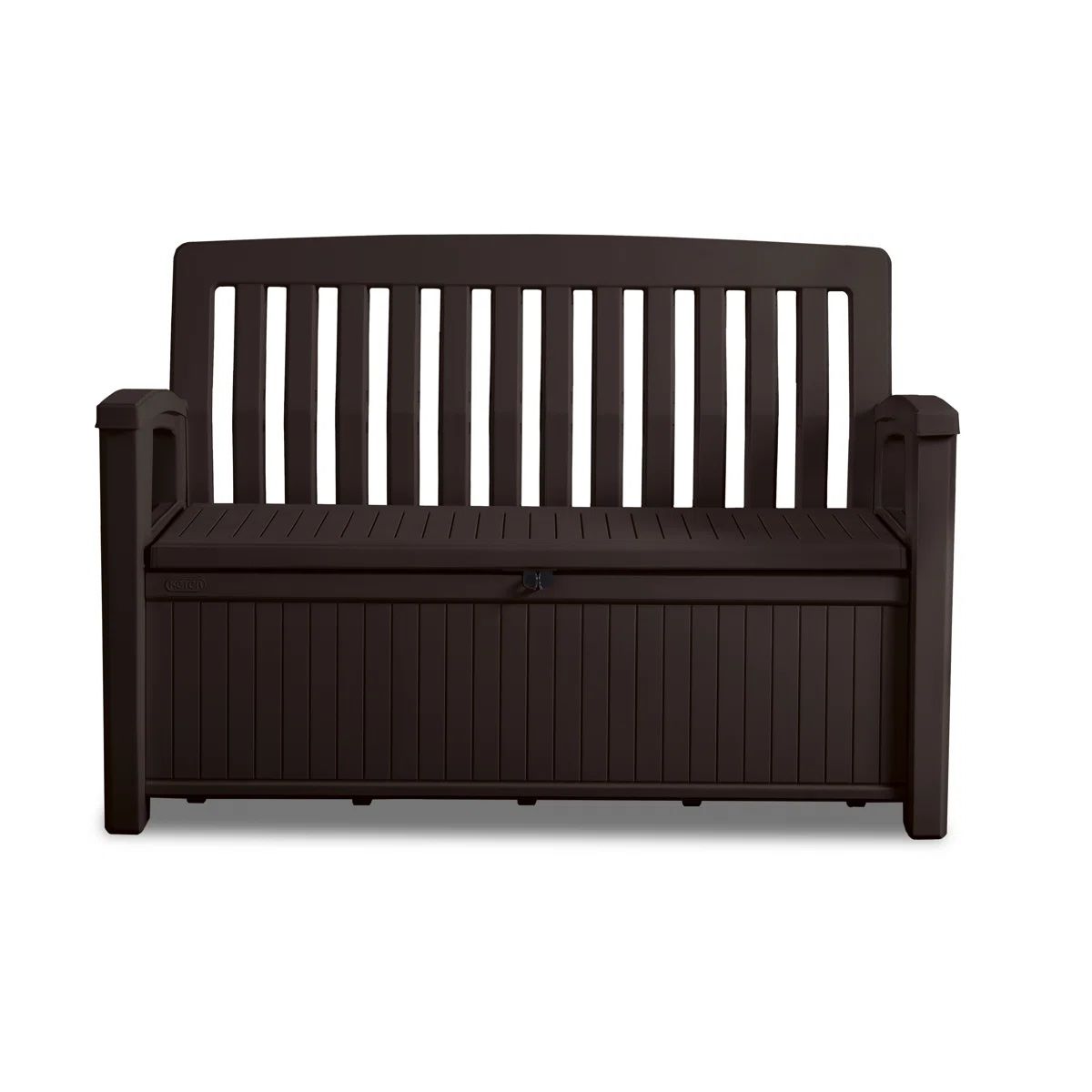 Outdoor bench with a slatted backrest and storage compartment beneath the seat, featuring a dark brown finish.