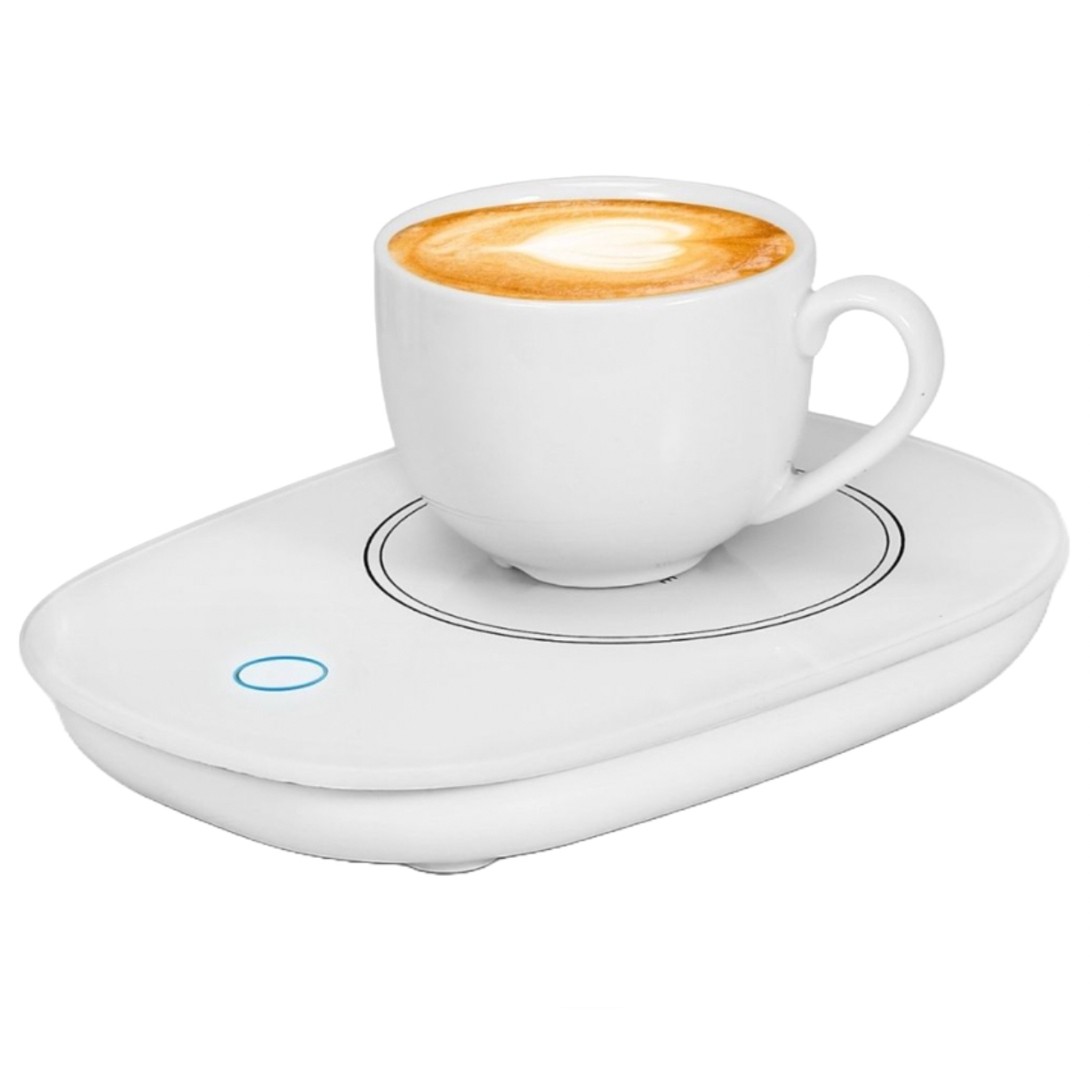 A sleek white mug warmer with a touch button and a circular heating area, holding a white cup filled with coffee topped with latte art.