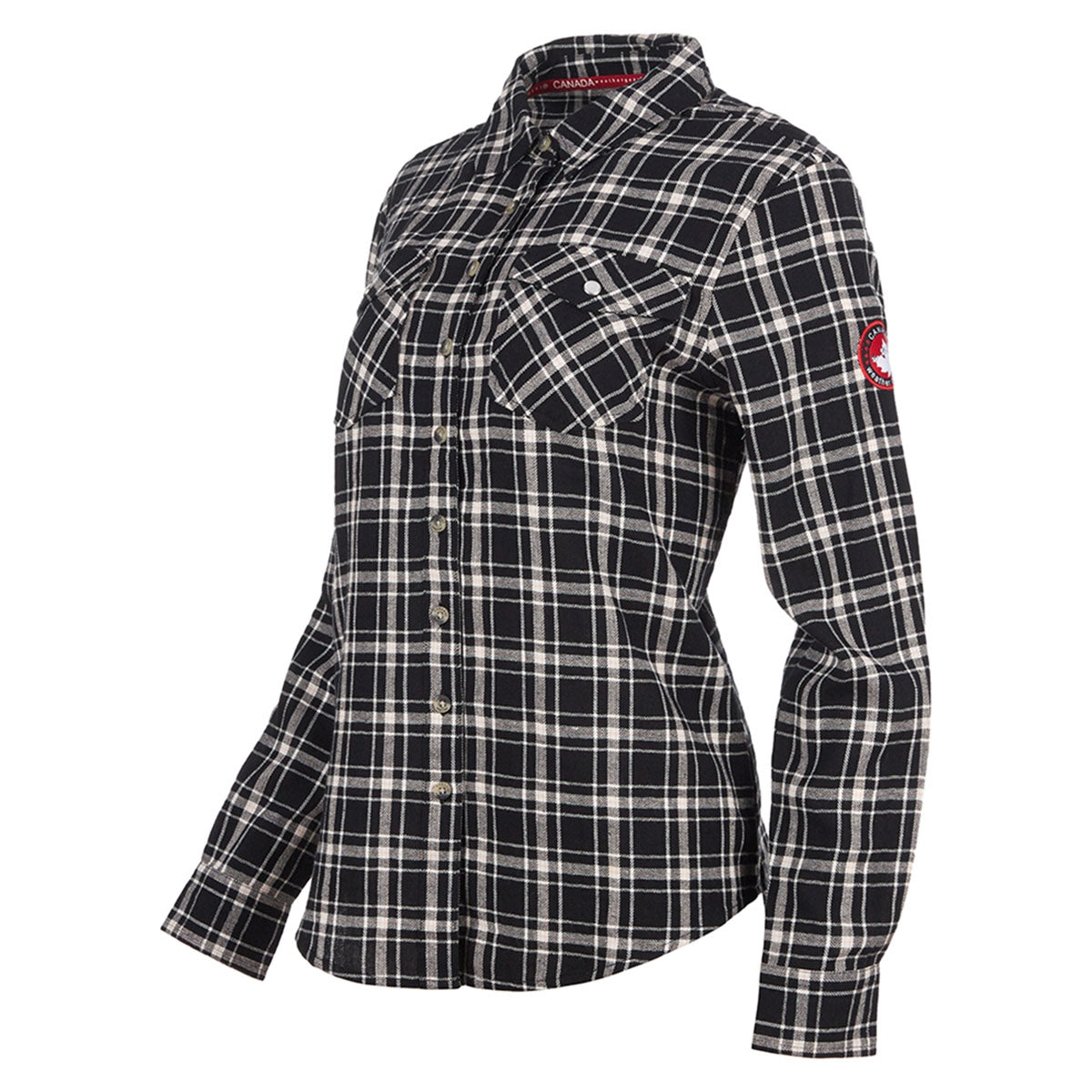 A black-and-white plaid flannel shirt with button closure, chest pockets, and a Canada Weather Gear logo on the sleeve.