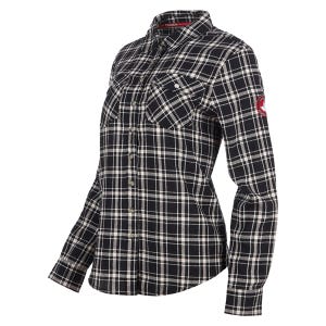 A black-and-white plaid flannel shirt with button closure, chest pockets, and a Canada Weather Gear logo on the sleeve.