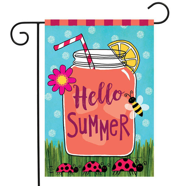 Decorative garden flag featuring a mason jar with \“Hello Summer\“ text, a lemon slice, a flower, striped straws, a bee, and three ladybugs on grass, set against a blue polka-dotted background.