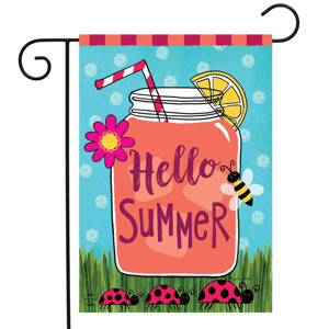 Decorative garden flag featuring a mason jar with \“Hello Summer\“ text, a lemon slice, a flower, striped straws, a bee, and three ladybugs on grass, set against a blue polka-dotted background.