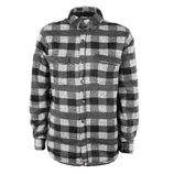 Black and gray buffalo plaid button-up shirt with chest pockets and folded collar.