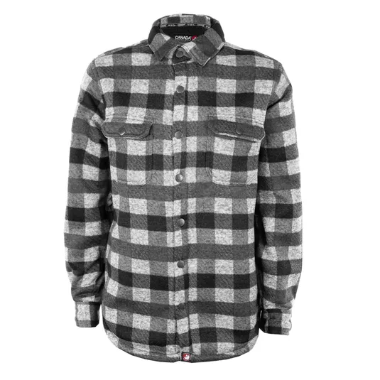 Black and gray buffalo plaid button-up shirt with chest pockets and folded collar.