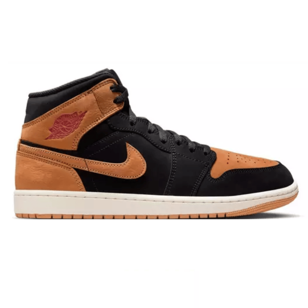 A black and tan Nike Air Jordan 1 High shoe featuring a red Air Jordan wings logo and a tan swoosh, with a white midsole and tan outsole.