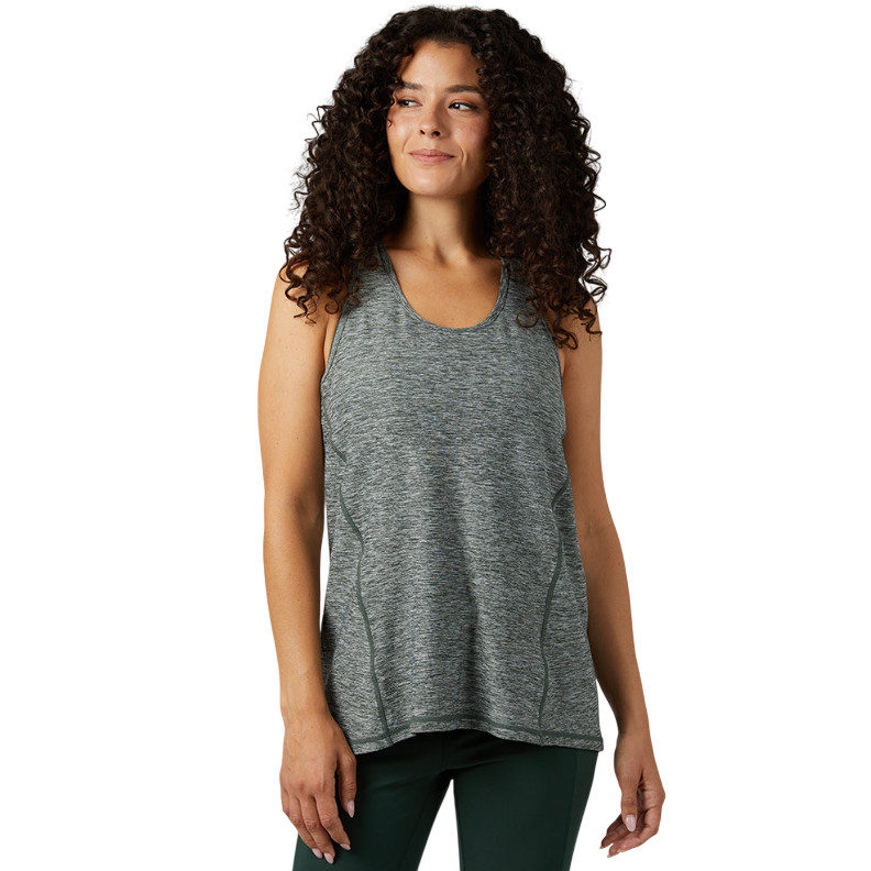 A person wearing a gray sleeveless athletic top with subtle stitching details, paired with dark green pants.