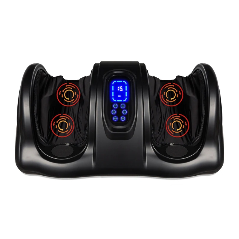A Shiatsu Foot Massager with a sleek black design features two foot compartments, LED display, and control buttons. Red circular indicators suggest heating or vibrating elements for therapeutic foot massage.