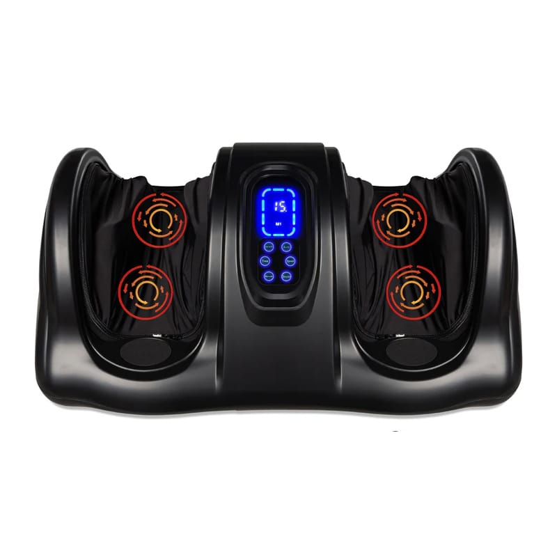 A Shiatsu Foot Massager with a sleek black design features two foot compartments, LED display, and control buttons. Red circular indicators suggest heating or vibrating elements for therapeutic foot massage.