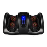 A Shiatsu Foot Massager with a sleek black design features two foot compartments, LED display, and control buttons. Red circular indicators suggest heating or vibrating elements for therapeutic foot massage.