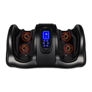 A Shiatsu Foot Massager with a sleek black design features two foot compartments, LED display, and control buttons. Red circular indicators suggest heating or vibrating elements for therapeutic foot massage.