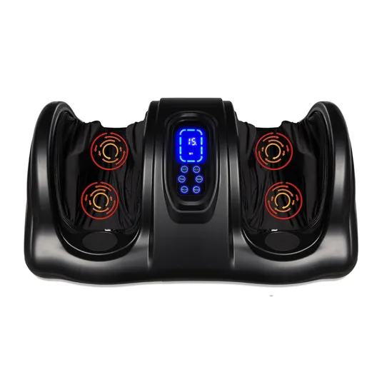 A Shiatsu Foot Massager with a sleek black design features two foot compartments, LED display, and control buttons. Red circular indicators suggest heating or vibrating elements for therapeutic foot massage.