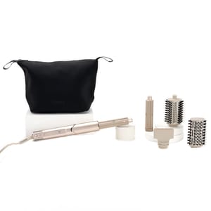 This is a Shark FlexStyle hair styling system with interchangeable attachments including a hair dryer, a straightening brush, a curling wand, and two round brush heads, accompanied by a black storage pouch.