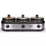 A three-pot stainless steel slow cooker with individual controls for each section, allowing for simultaneous cooking or warming of different foods.