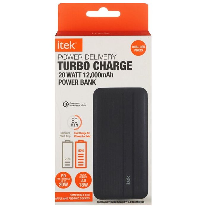 Itek Turbo Charge power bank, 20W, 12,000mAh, with dual USB ports, compatible with Apple and Android. Features Qualcomm Quick Charge 3.0, charging up to 50% in 30 minutes.