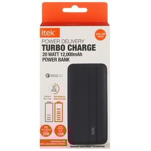 Itek Turbo Charge power bank, 20W, 12,000mAh, with dual USB ports, compatible with Apple and Android. Features Qualcomm Quick Charge 3.0, charging up to 50% in 30 minutes.