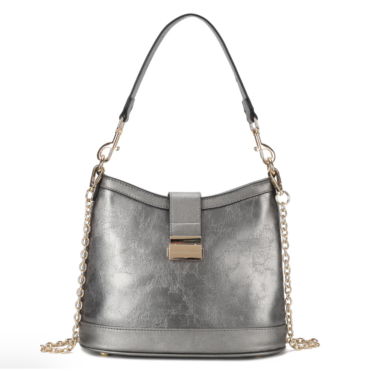 A metallic grey handbag with a chain strap and decorative clasp.