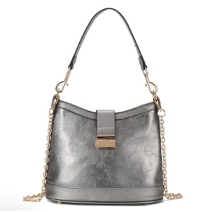 A metallic grey handbag with a chain strap and decorative clasp.