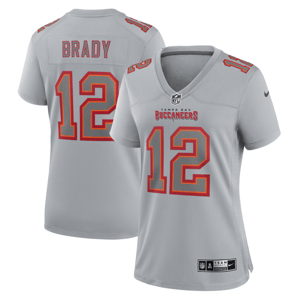 Tampa Bay Buccaneers women's jersey, featuring number 12, with \“Brady\“ on the back. The jersey is light gray with red accents.