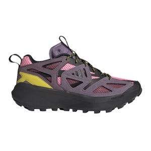 A purple, pink, and black trail running shoe with a rugged design and features like mesh panels, yellow accents, and a durable outsole.