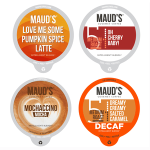 Four varieties of Maud's Gourmet Coffee pods, including seasonal and decaf flavors, with instructions to cool, peel, and recycle.