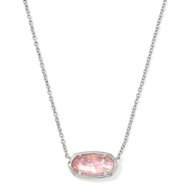 A silver chain necklace features a hexagonal, iridescent pink stone set in a minimalist bezel setting.