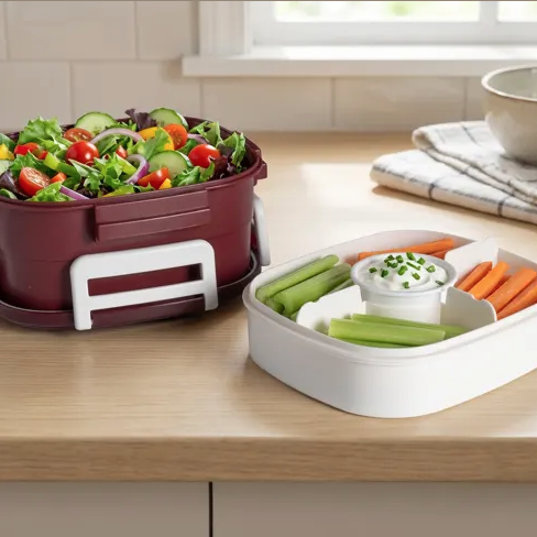 Bento-style lunch container with compartments holds a fresh veggie salad and a separate section with carrots, celery, and dip.