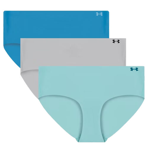 Three seamless Under Armour women's panties in blue, gray, and light blue are displayed.