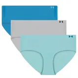 Three seamless Under Armour women's panties in blue, gray, and light blue are displayed.