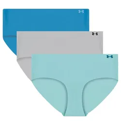 Three seamless Under Armour women's panties in blue, gray, and light blue are displayed.