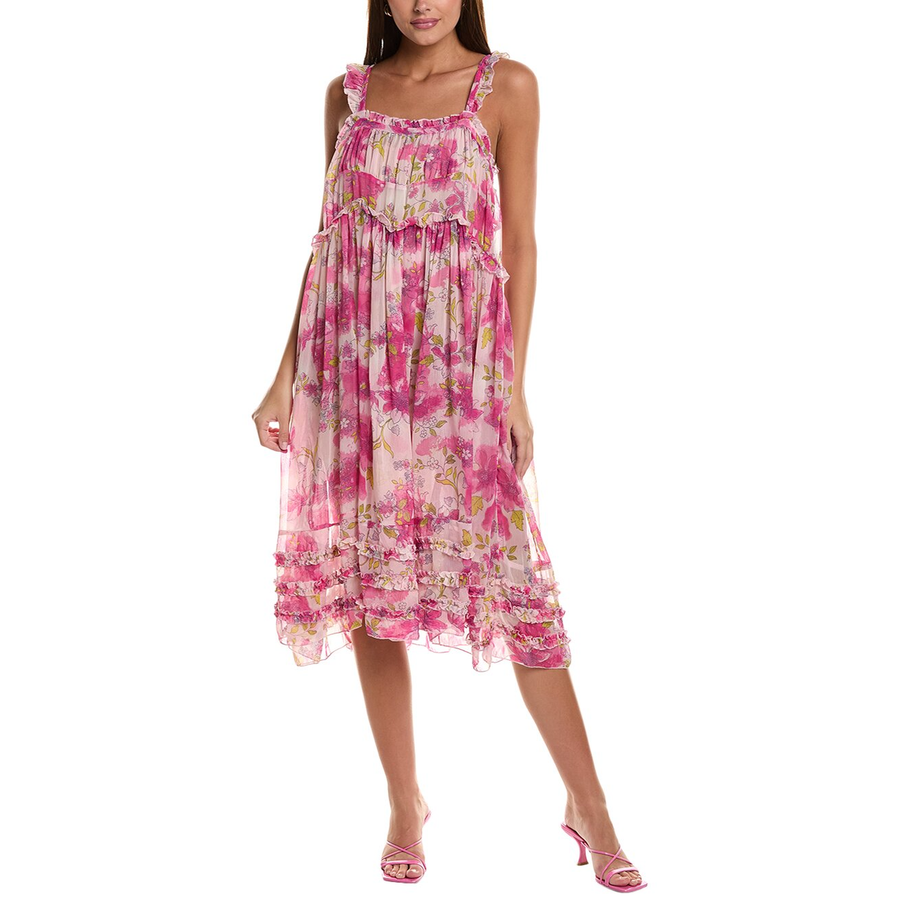 Pink floral Free People Printed Midi Dress with ruffled straps, a flowy silhouette, and layered hem detailing, paired with matching pink heels.