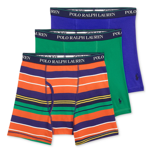 Three pairs of Polo Ralph Lauren boxer briefs are shown: one with colorful stripes (orange, purple, green), one in solid green, and one in solid blue.