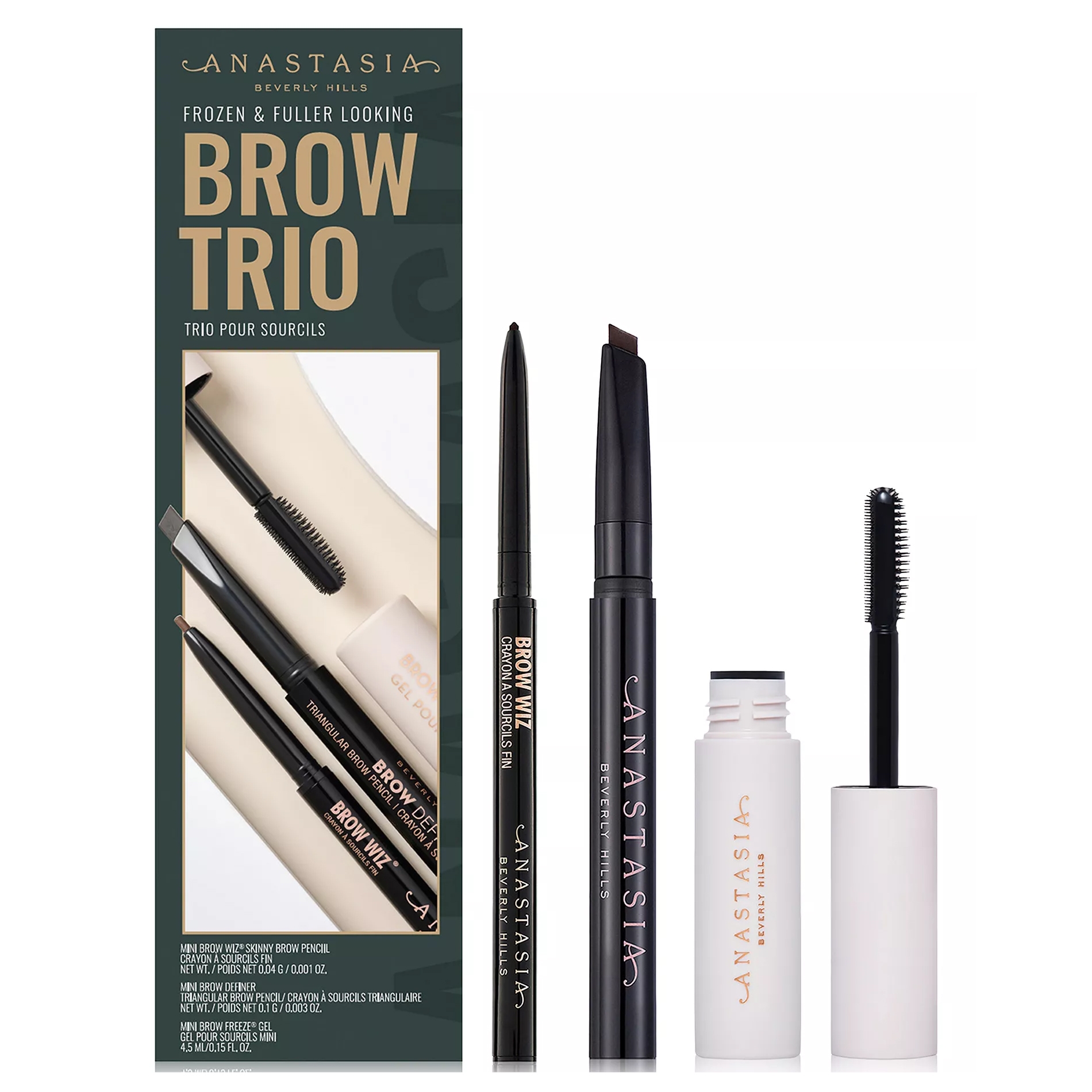 Anastasia Beverly Hills Brow Trio includes Brow Wiz Skinny Brow Pencil, a Brow Definer, and a Brow Freeze Gel.