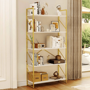A white and gold bookshelf is adorned with books, decorative items, and storage boxes, placed beside a floor-length curtain in a room with wooden flooring, leading to an outdoor patio.